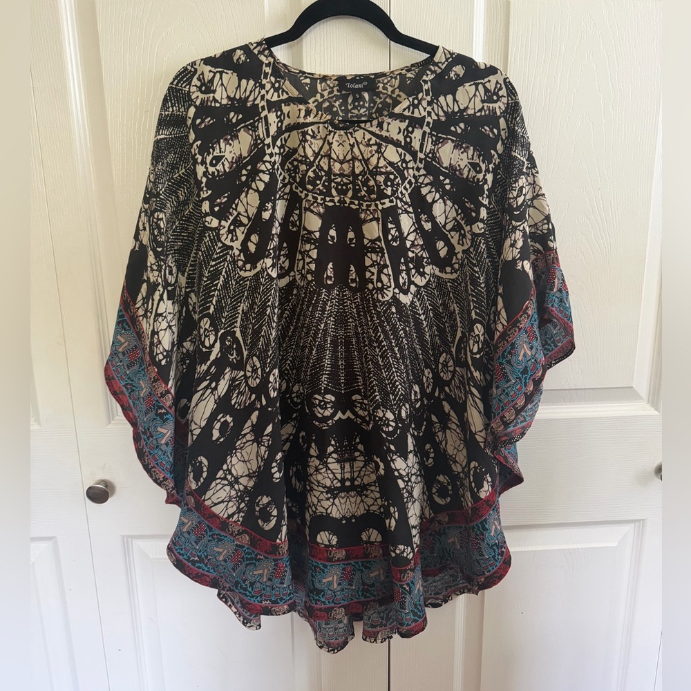 Tolani Black Cream Print Swim Coverup with Teal & Red Trim